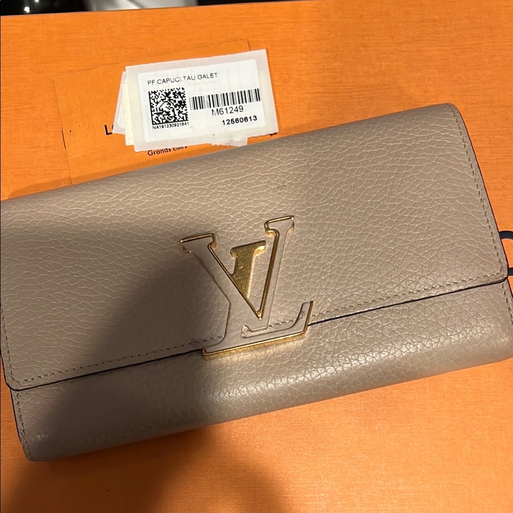 Louis Vuitton Gray Leather Wallet with Gold Logo